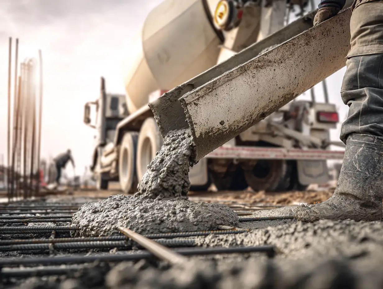 un operaio edile che versa il calcestruzzo da un'autobetoniera